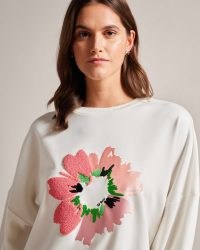 TED BAKER Marene Textured Flower Graphic Jumper White / long sleeve crew neck top with floral motif / women’s casual fashion