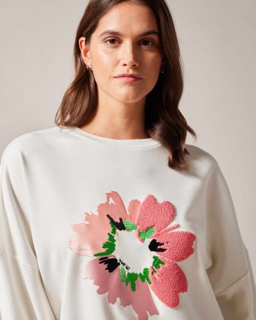 TED BAKER Marene Textured Flower Graphic Jumper White / long sleeve crew neck top with floral motif / women’s casual fashion - flipped