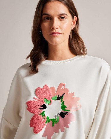 TED BAKER Marene Textured Flower Graphic Jumper White / long sleeve crew neck top with floral motif / women’s casual fashion