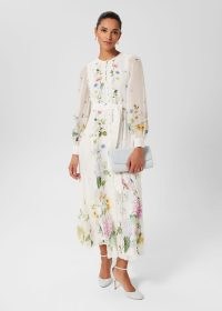 HOBBS MARIBELLA SILK FLORAL DRESS ~ womens occasion clothes ~ silky sheer sleeve tie waist dresses ~ special event fit and flare