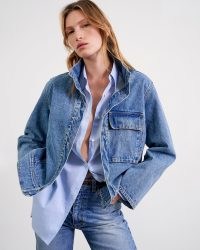 NILI LOTAN MARILOU DENIM JACKET in SUMMER WASH – women’s casual blue jackets – designer outerwear – womens luxury clothing – cool casual style