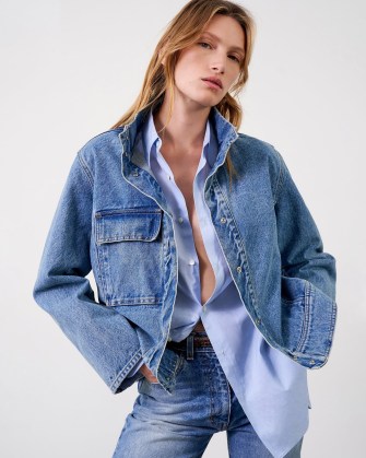 NILI LOTAN MARILOU DENIM JACKET in SUMMER WASH – women’s casual blue jackets – designer outerwear – womens luxury clothing – cool casual style - flipped