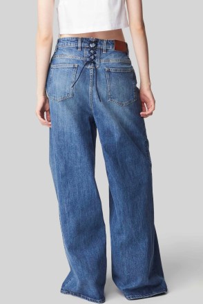 Altuzarra MARLI PANT in Washed Denim | women’s blue wide leg jeans | lace tie detail at back