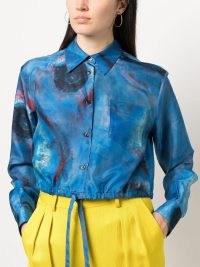 Marni graphic-print cropped shirt in blue – women’s printed silk shirts – crop hem with drawstring tie – womens luxury fashion – designer clothing