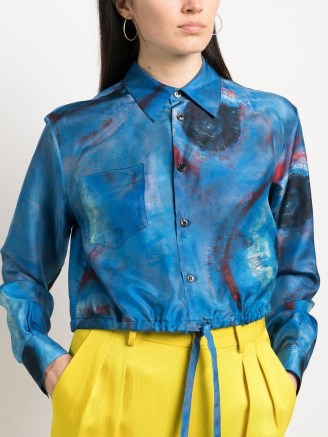 Marni graphic-print cropped shirt in blue – women’s printed silk shirts – crop hem with drawstring tie – womens luxury fashion – designer clothing - flipped