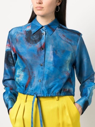 Marni graphic-print cropped shirt in blue – women’s printed silk shirts – crop hem with drawstring tie – womens luxury fashion – designer clothing
