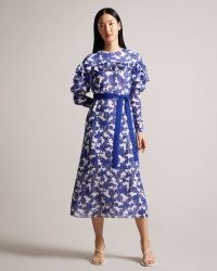 Ted Baker Marquis Jacquard Paisley Midi Dress / blue and white ruffled occasion dresses / womens ruffle trim fashion / women’s feminine event clothing