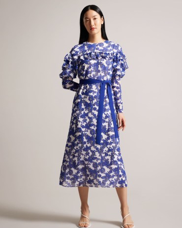 Ted Baker Marquis Jacquard Paisley Midi Dress / blue and white ruffled occasion dresses / womens ruffle trim fashion / women’s feminine event clothing