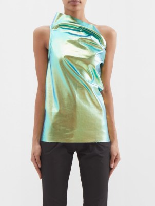 RICK OWENS Athena asymmetric iridescent coated-denim top in green – shiny one shoulder tops – women’s luxury metallic evening clothes – womens designer occasion fashion - flipped