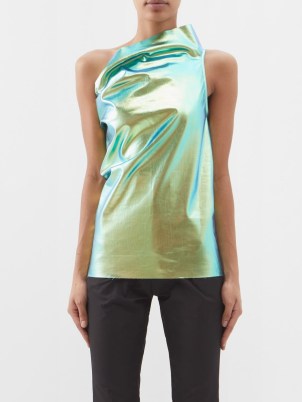 RICK OWENS Athena asymmetric iridescent coated-denim top in green – shiny one shoulder tops – women’s luxury metallic evening clothes – womens designer occasion fashion