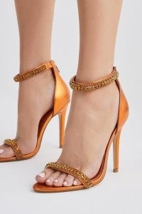 KAREN MILLEN Metallic Double Diamante Strap Stiletto Heel in Orange ~ barely there ankle strap occasion heels ~ embellished high heeled party sandals ~ women’s evening shoes ~ glamorous footwear