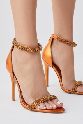 KAREN MILLEN Metallic Double Diamante Strap Stiletto Heel in Orange ~ barely there ankle strap occasion heels ~ embellished high heeled party sandals ~ women’s evening shoes ~ glamorous footwear - flipped