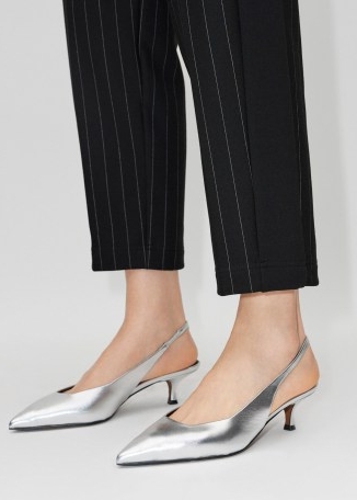 ME and EM Metallic Kitten Heel in Silver Grey / shiny Italian leather slingbacks / pointed toe slingback shoes