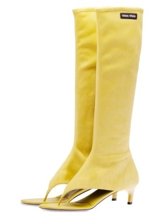 Miu Miu knee-high thong boots in yellow – suede open toe boot – women’s thonged footwear – womens designer fashion - flipped