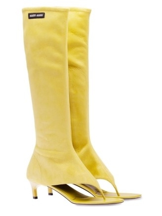 Miu Miu knee-high thong boots in yellow – suede open toe boot – women’s thonged footwear – womens designer fashion