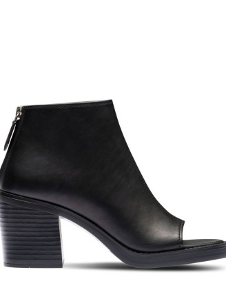 Miu Miu leather open-toe ankle boots in black ~ women’s peep toe block heel boot ~ womens designer footwear ~ chunky booties - flipped