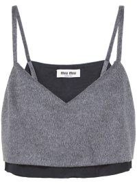 Miu Miu wool-cashmere velour crop top in charcoal grey – strappy cropped hem tops – womens luxury designer fashion – skinny shoulder strap clothes