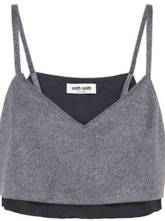 Miu Miu wool-cashmere velour crop top in charcoal grey – strappy cropped hem tops – womens luxury designer fashion – skinny shoulder strap clothes - flipped