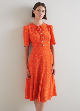 L.K. Bennett Montana Orange Flower Bow Print Silk Tea Dress | women’s luxury retro clothes | ditsy floral print short sleeve fit and flare dresses | luxe vintage fashion - flipped
