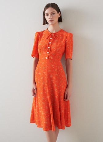 L.K. Bennett Montana Orange Flower Bow Print Silk Tea Dress | women’s luxury retro clothes | ditsy floral print short sleeve fit and flare dresses | luxe vintage fashion