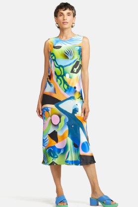 gorman x Meg Fransee New Realms Slip Dress – sleeveless printed satin midi dresses – women’s silky fashion - flipped