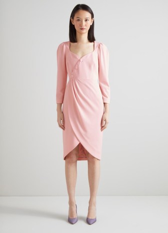 L.K. BENNETT Nicola Pale Pink Recycled Crepe Asymmetric Dress ~ women’s sustainable clothing ~ womens wrap style occasion dresses ~ sweetheart neckline ~ wedding guest outfits spring 2023 - flipped