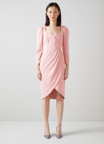 L.K. BENNETT Nicola Pale Pink Recycled Crepe Asymmetric Dress ~ women’s sustainable clothing ~ womens wrap style occasion dresses ~ sweetheart neckline ~ wedding guest outfits spring 2023