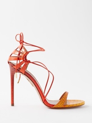 AQUAZZURA Bellissima 105 croc-effect leather sandals in orange / women’s designer shoes / wraparound ankle ties / strappy high heel sandal / womens luxury occasion footwear / stiletto heels - flipped