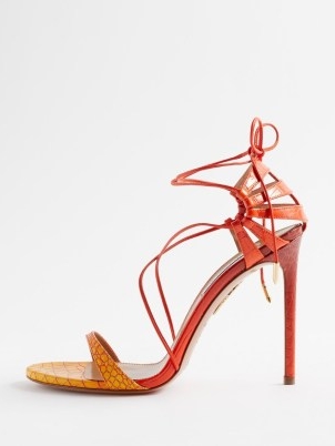 AQUAZZURA Bellissima 105 croc-effect leather sandals in orange / women’s designer shoes / wraparound ankle ties / strappy high heel sandal / womens luxury occasion footwear / stiletto heels
