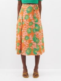 GANNI Blurred floral-print crepe wrap skirt in orange and green / tie waist fluid fabric skirts