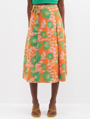 GANNI Blurred floral-print crepe wrap skirt in orange and green / tie waist fluid fabric skirts - flipped