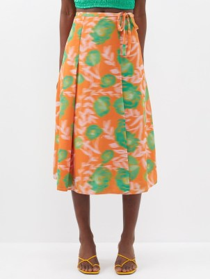 GANNI Blurred floral-print crepe wrap skirt in orange and green / tie waist fluid fabric skirts