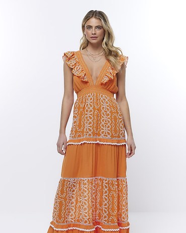 RIVER ISLAND ORANGE FRILL MAXI DRESS ~ ruffled lace trimmed dresses ~ plunge front neckline ~ women’s vintage style fashion - flipped