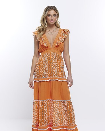 RIVER ISLAND ORANGE FRILL MAXI DRESS ~ ruffled lace trimmed dresses ~ plunge front neckline ~ women’s vintage style fashion