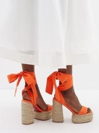 CHRISTIAN LOUBOUTIN Mariza du Désert 130 canvas platform sandals in orange / chunky ankle wrap platforms / summer block heels with ties / women’s luxury high heel shoes