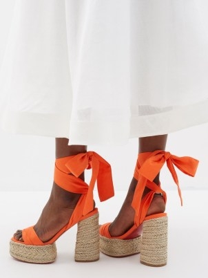 CHRISTIAN LOUBOUTIN Mariza du Désert 130 canvas platform sandals in orange / chunky ankle wrap platforms / summer block heels with ties / women’s luxury high heel shoes - flipped