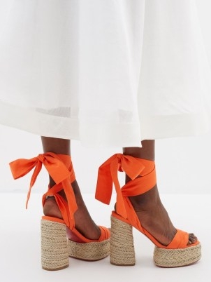 CHRISTIAN LOUBOUTIN Mariza du Désert 130 canvas platform sandals in orange / chunky ankle wrap platforms / summer block heels with ties / women’s luxury high heel shoes