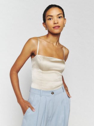 Reformation Overland Silk Top in Ivory / skinny shoulder strap tops / fitted bodice . smocked back - flipped