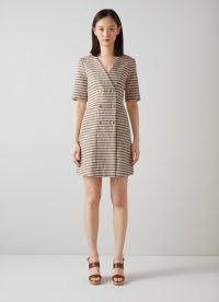 L.K. BENNETT Oxlade Brown and Cream Stripe Italian Tweed Dress ~ womens chic short sleeve striped dresses ~ women’s spring fashion 2023