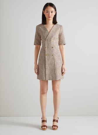 L.K. BENNETT Oxlade Brown and Cream Stripe Italian Tweed Dress ~ womens chic short sleeve striped dresses ~ women’s spring fashion 2023 - flipped