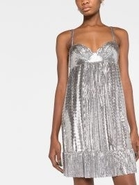 Paco Rabanne chainmail sleeveless minidress in silver / strappy metallic babydoll mini dresses / women’s shiny designer evening fashion / luxe occasion clothing / womens luxury party clothes / sweetheart neckline / tiered hem