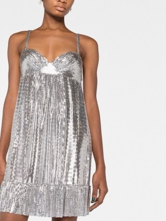 Paco Rabanne chainmail sleeveless minidress in silver / strappy metallic babydoll mini dresses / women’s shiny designer evening fashion / luxe occasion clothing / womens luxury party clothes / sweetheart neckline / tiered hem - flipped