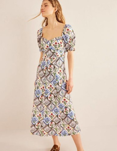 Boden Panelled Sweetheart Midi Dress Ivory, Wild Bluebell / womens floral puff sleeve dresses / women’s linen clothes