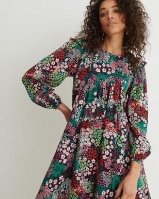 Oliver Bonas Patched Floral Green Mini Dress ~ women’s ruffle detail dresses - flipped