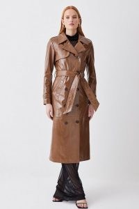 Karen Millen Patent Leather Trench Coat in Camel | womens luxury brown belted coats | responsibly sourced women’s outerwear