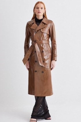 Karen Millen Patent Leather Trench Coat in Camel | womens luxury brown belted coats | responsibly sourced women’s outerwear - flipped