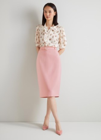 L.K. BENNETT Perdy Pale Pink Recycled Crepe Pearl Button Pencil Skirt ~ womens sustainable clothing ~ women’s potpourri pink occasion skirts - flipped