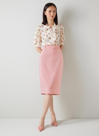 L.K. BENNETT Perdy Pale Pink Recycled Crepe Pearl Button Pencil Skirt ~ womens sustainable clothing ~ women’s potpourri pink occasion skirts