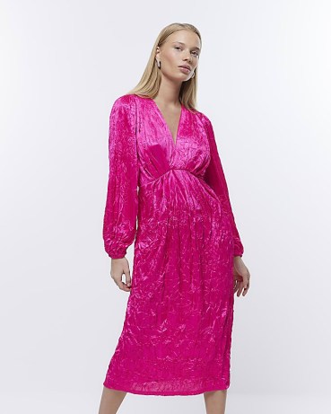 RIVER ISLAND PETITE PINK LONG SLEEVE WRAP MIDI DRESS ~ womens crinkle look party dresses ~ women’s going out clothes - flipped