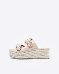 RIVER ISLAND PINK BACKLESS WEDGE ESPADRILLES ~ chunky double strap wedged mule sandals ~ women’s buckled wedges